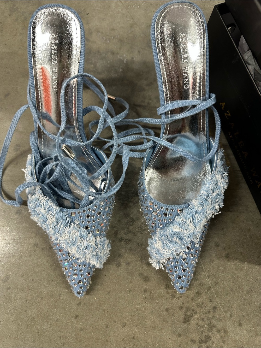 Denim blue Lace-Up Pointed Toe Mule Heels